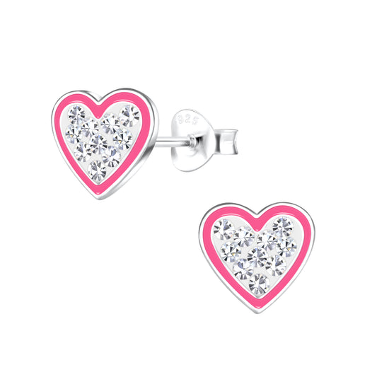 Pink Outline Rhinestone Sterling Silver Heart Stud Earrings