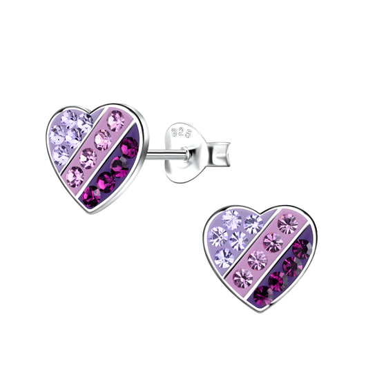 Purple Striped Rhinestone Heart Sterling Silver Stud Earrings