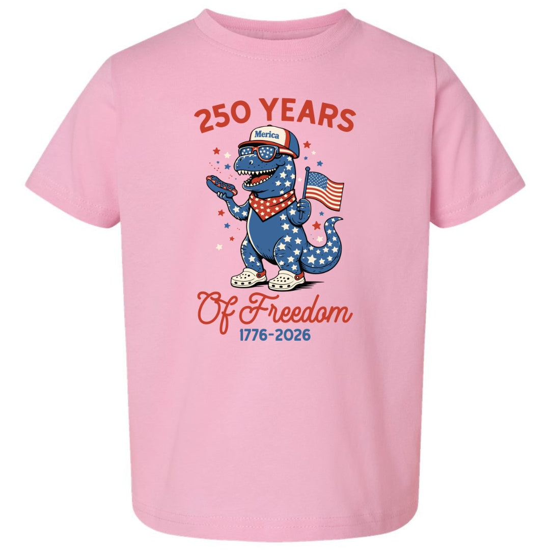 Kids 250 Years of Freedom T-Shirt | Patriotic Dinosaur Toddler & Youth Tee