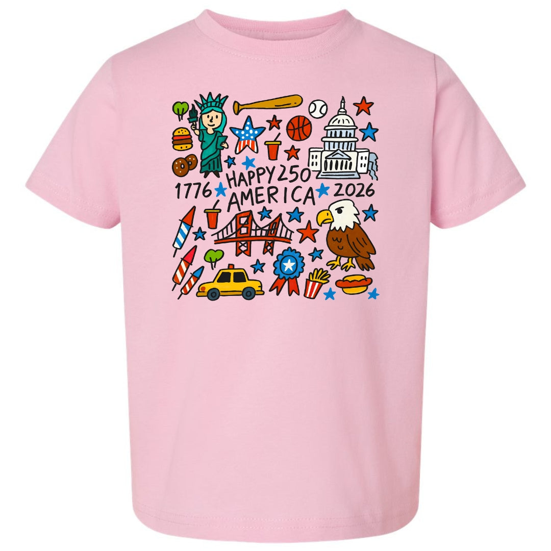 Happy 250 America Kids T-Shirt | Patriotic Doodle Toddler & Youth Tee