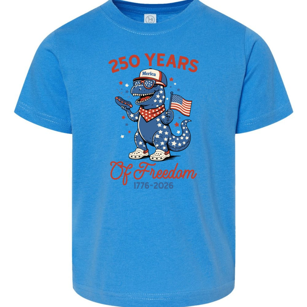 Kids 250 Years of Freedom T-Shirt | Patriotic Dinosaur Toddler & Youth Tee