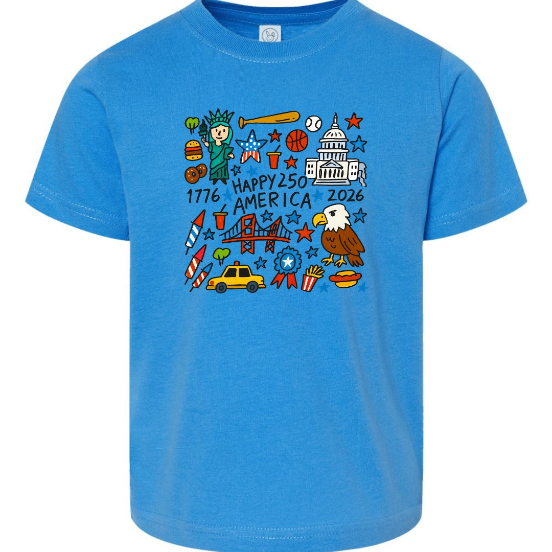 Happy 250 America Kids T-Shirt | Patriotic Doodle Toddler & Youth Tee