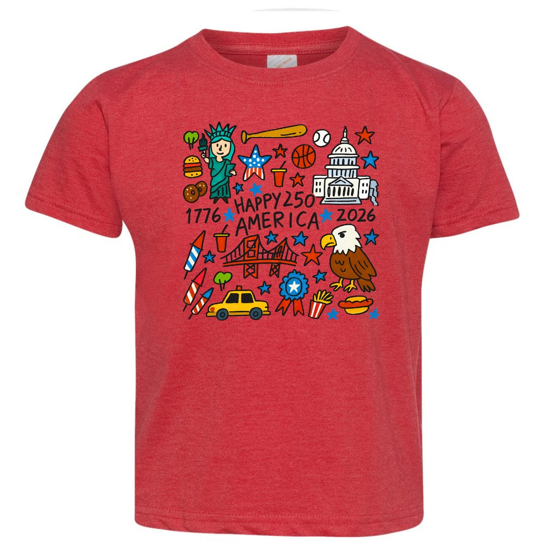 Happy 250 America Kids T-Shirt | Patriotic Doodle Toddler & Youth Tee
