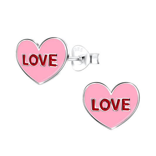 Pink Love Heart Sterling Silver Heart Stud Earrings