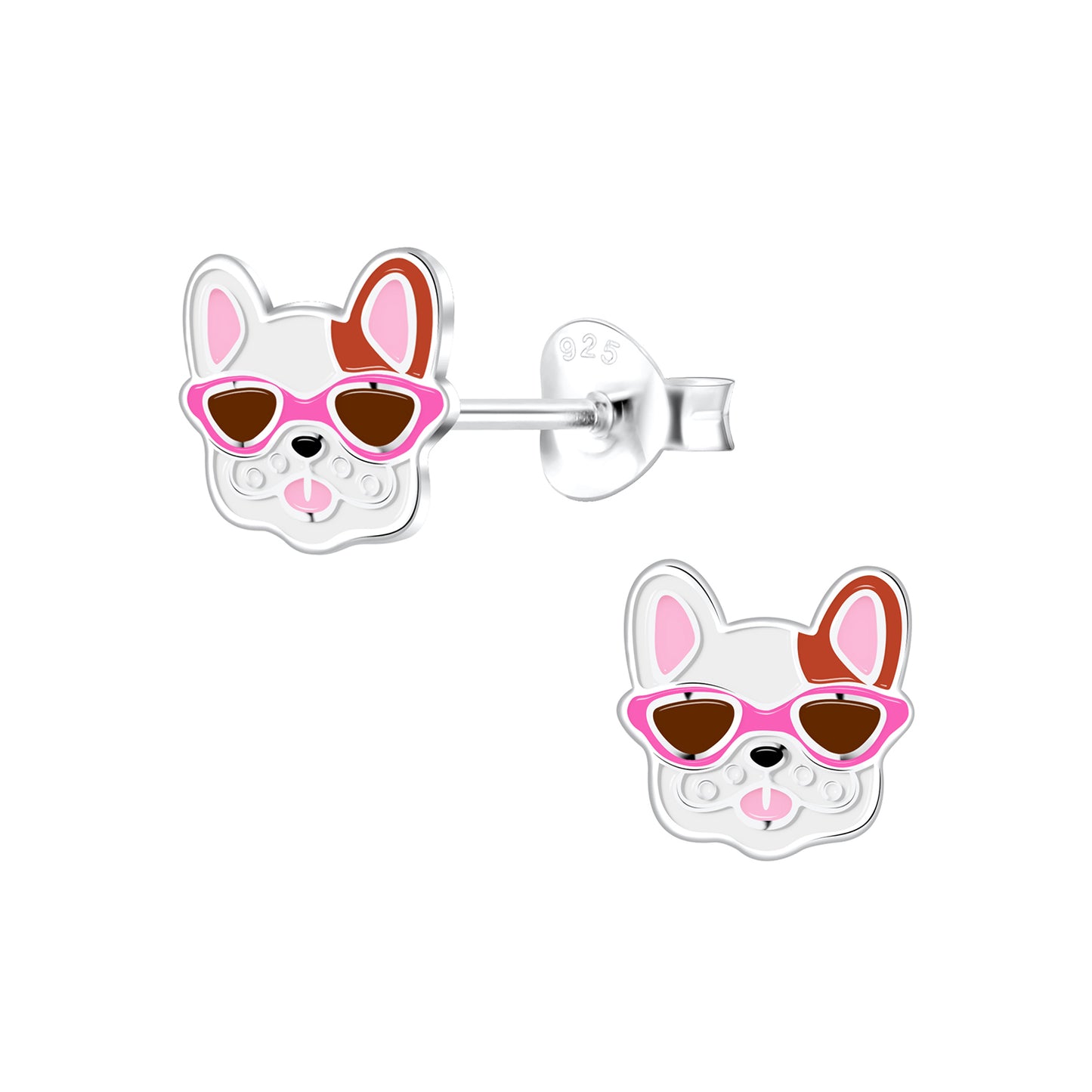 Frenchie Dog with Pink Heart Sunglasses Valentine Sterling Silver Stud Earrings