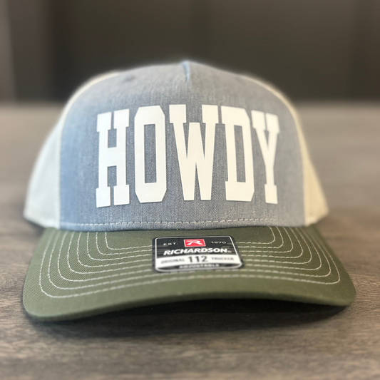 A gray and green baseball cap with the word "HOWDY" printed on it.