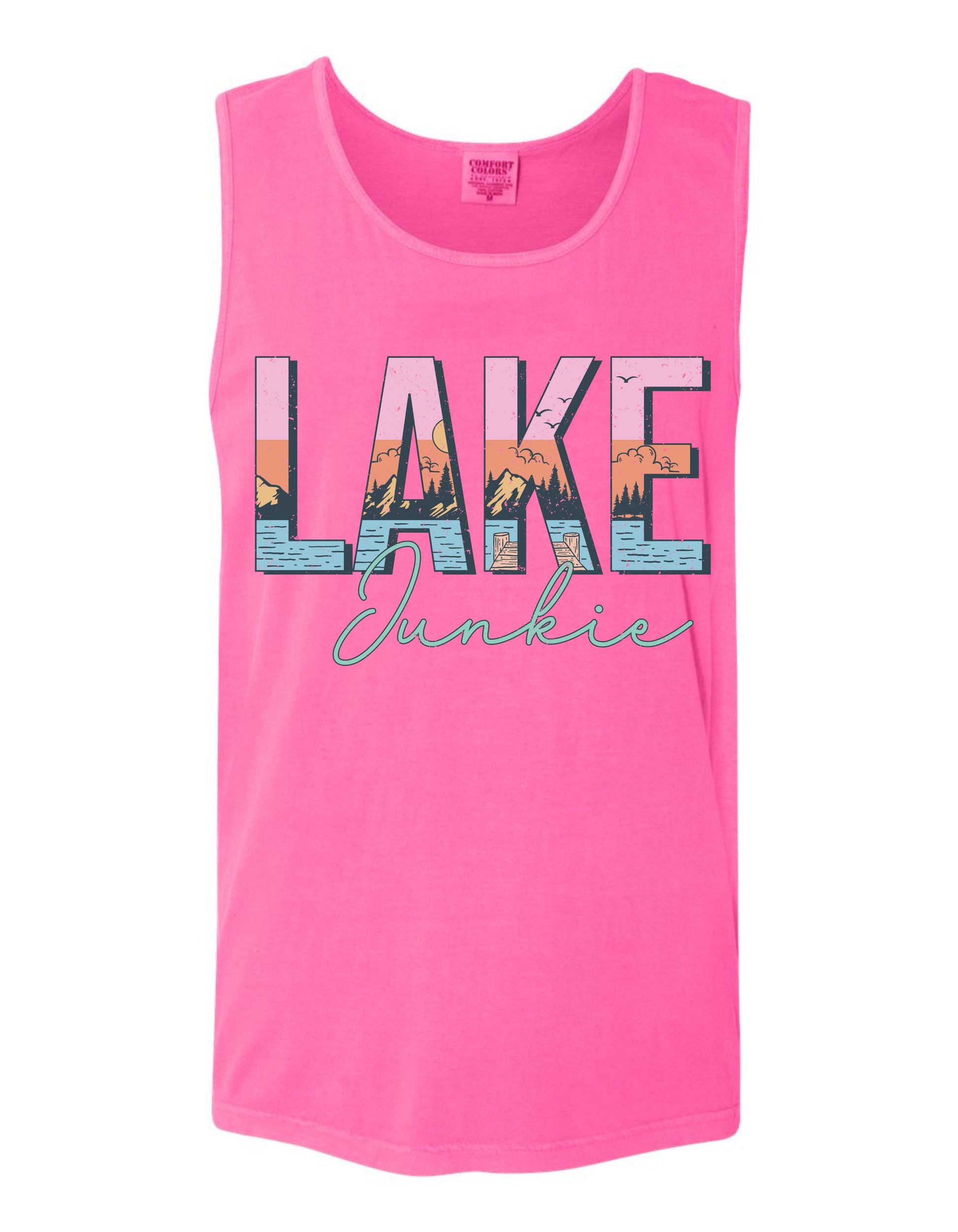 A pink tank top with the word "LAKEM" and "JUNKIE" printed on it.