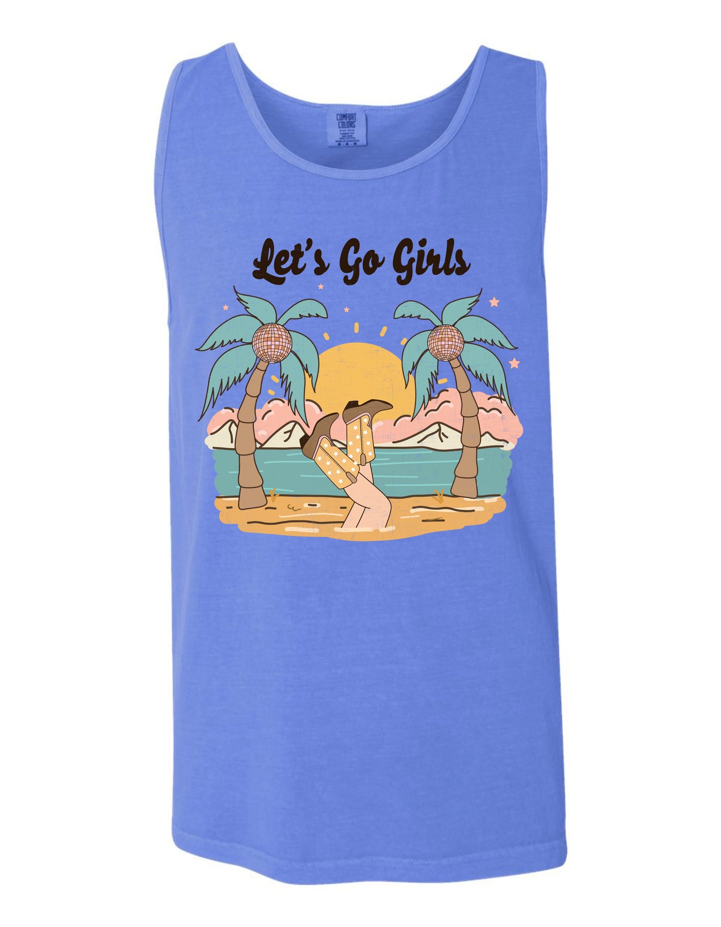 A blue tank top with a graphic design depicting a beach scene with palm trees, a sunset, and a person sitting on the beach.