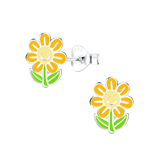 a pair of yellow and green flower earrings