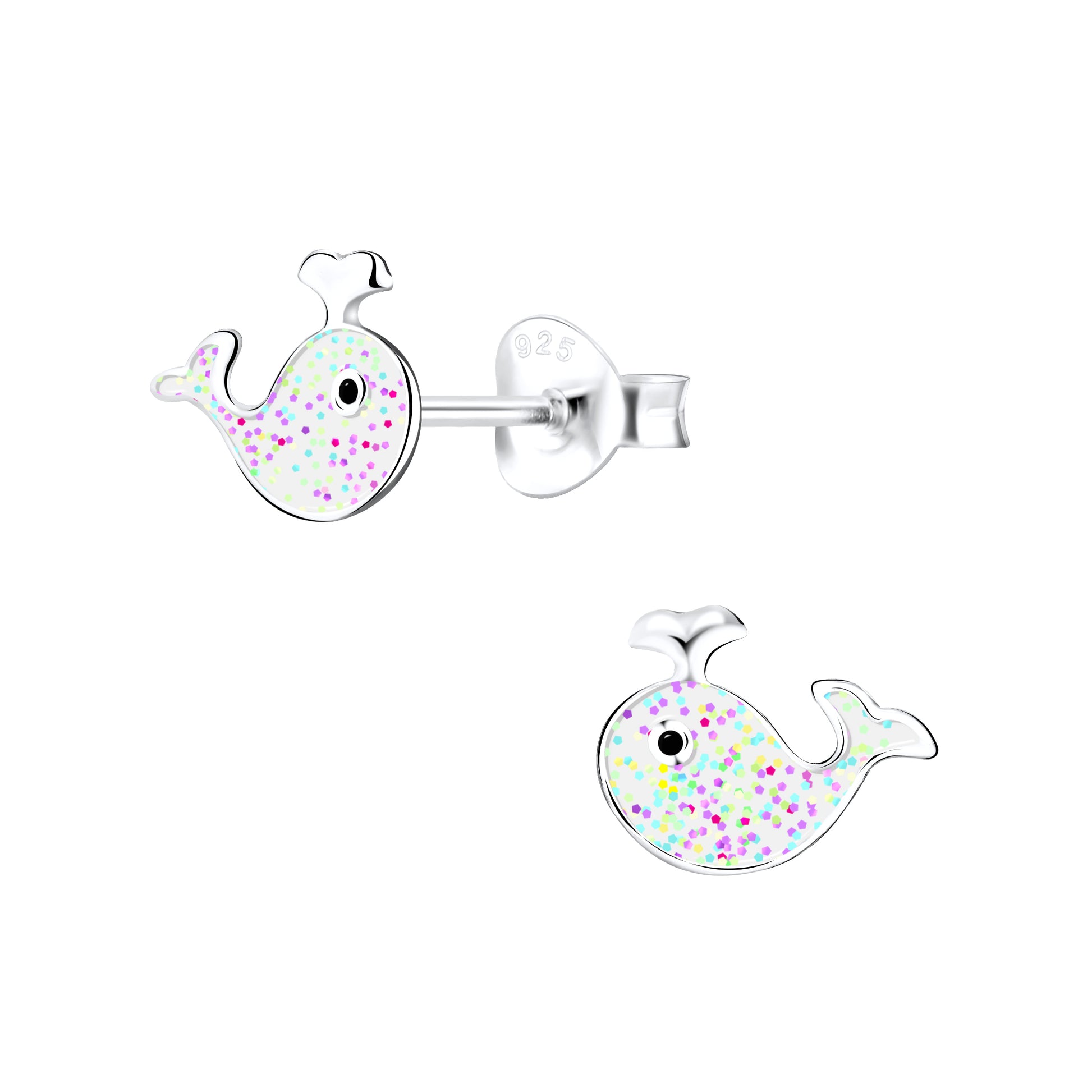 a pair of silver colored whale shaped earrings