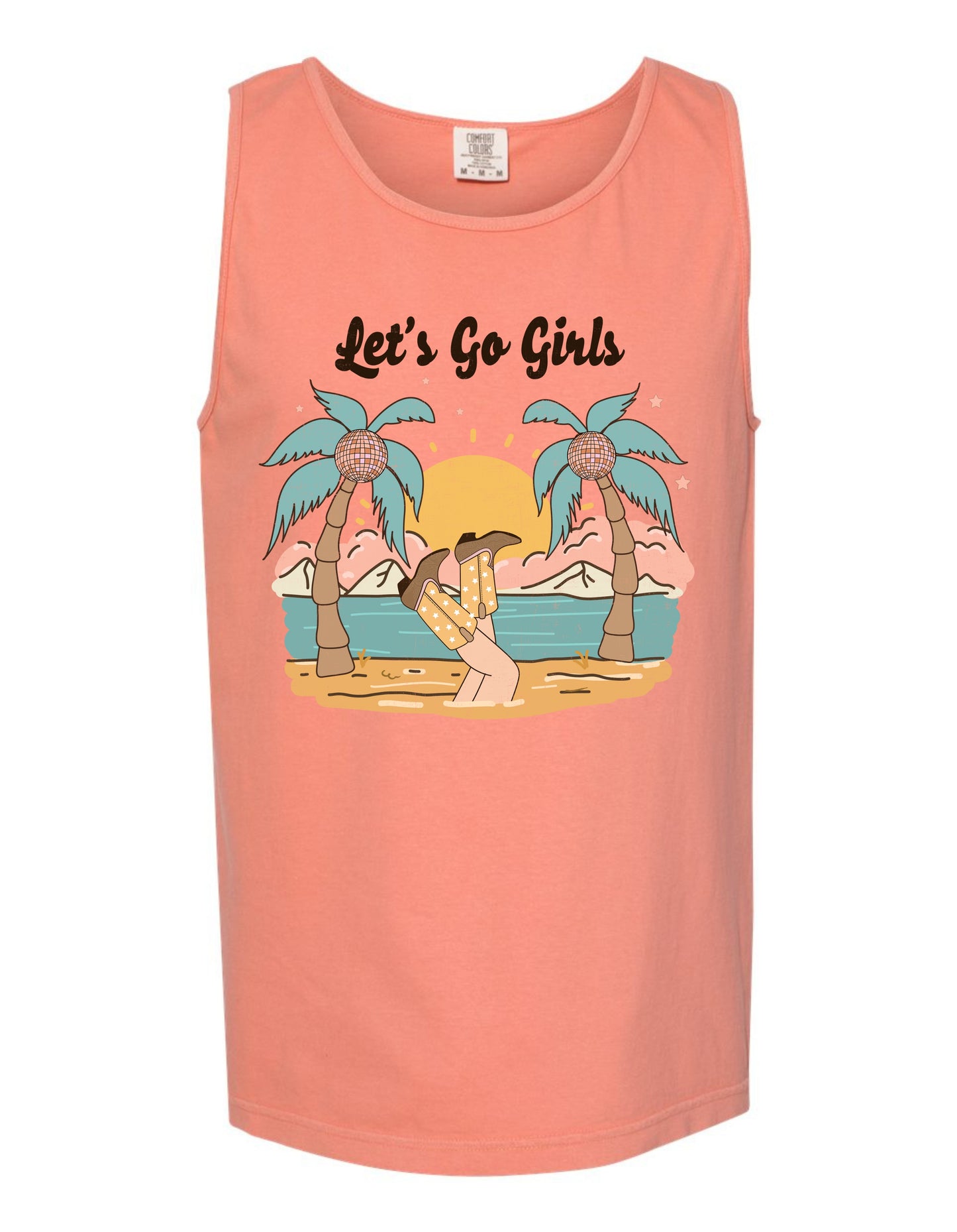 A pink tank top with a graphic design depicting a beach scene with palm trees, a sunset, and a person sitting on the beach.