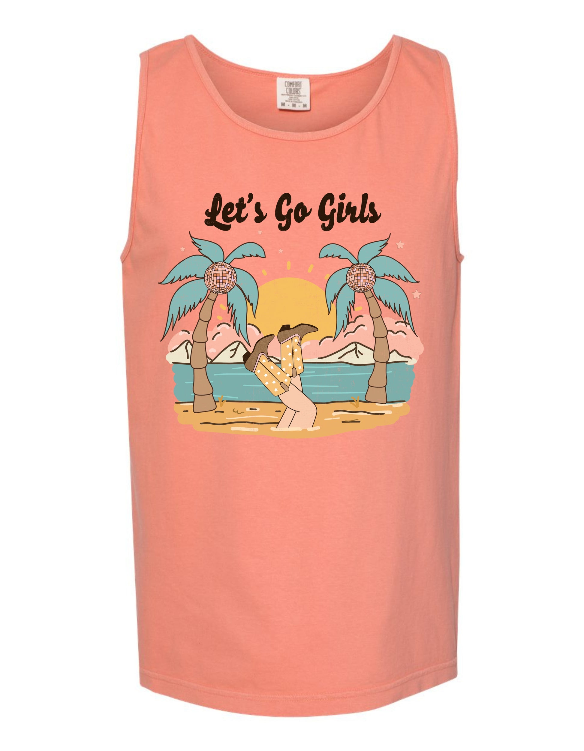 A pink tank top with a graphic design depicting a beach scene with palm trees, a sunset, and a person sitting on the beach.