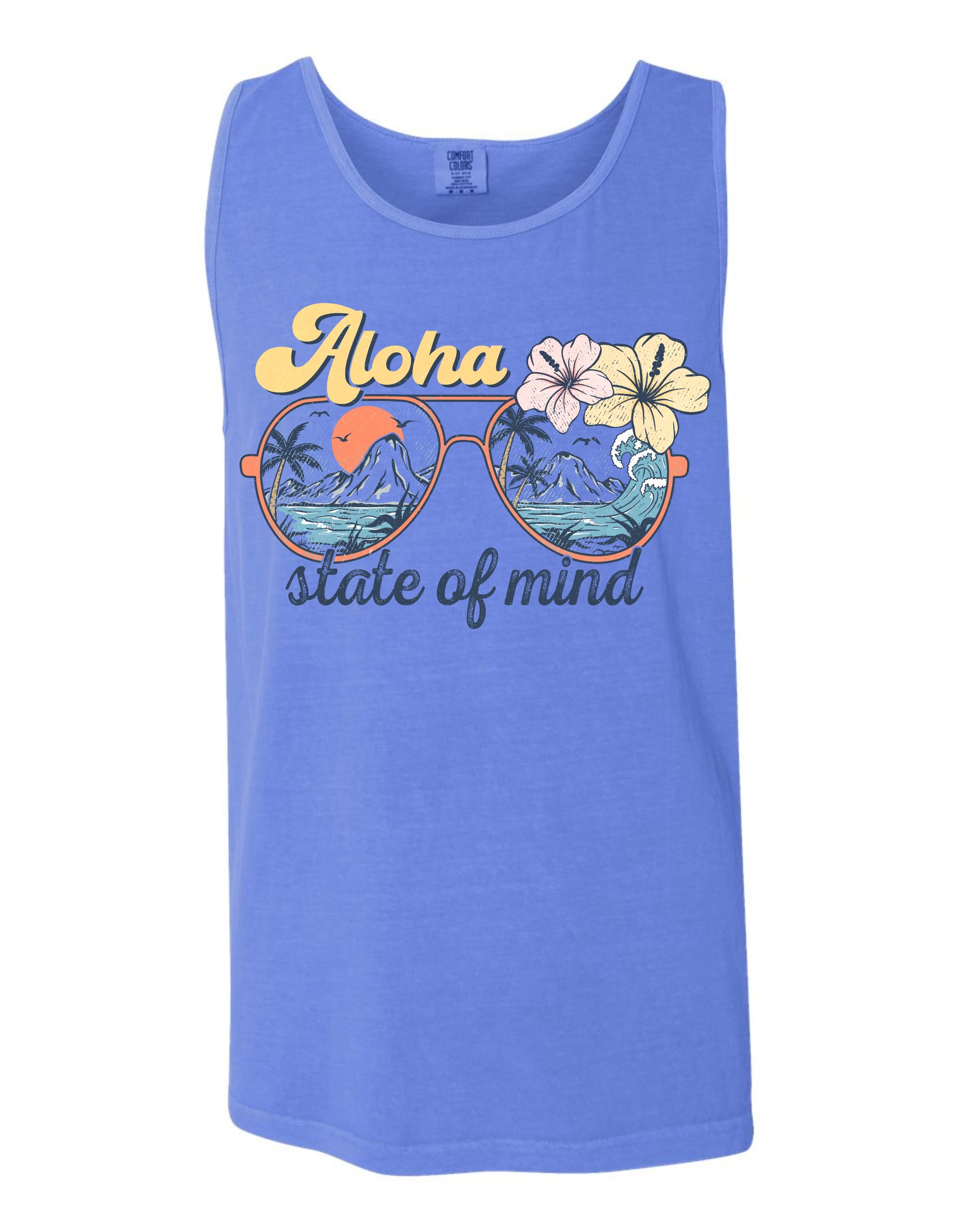 A blue tank top with a graphic design featuring sunglasses and flowers, along with the text "Aloha state of mind".