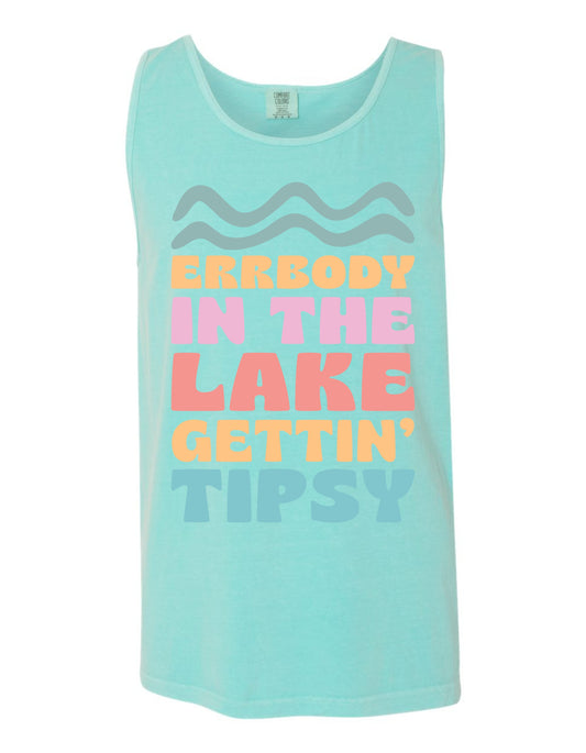 A turquoise tank top with the text "ERR BODY IN THE LAKE GETTIN' TIPSY" printed on it.