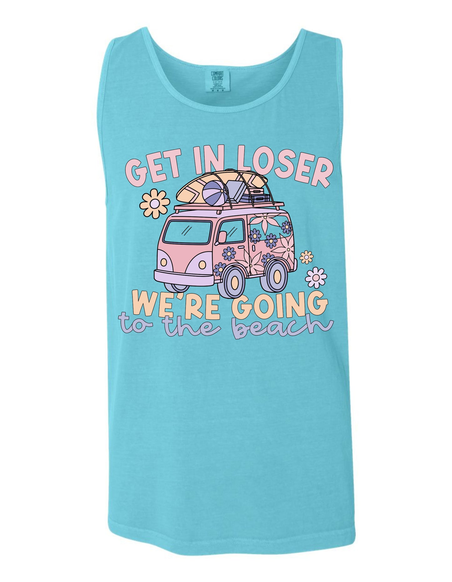 A light blue tank top with a graphic design featuring a pink van or truck with a surfboard on top, along with the text "GET IN LOSER WE'RE GOING TO THE BEACH" printed on it.