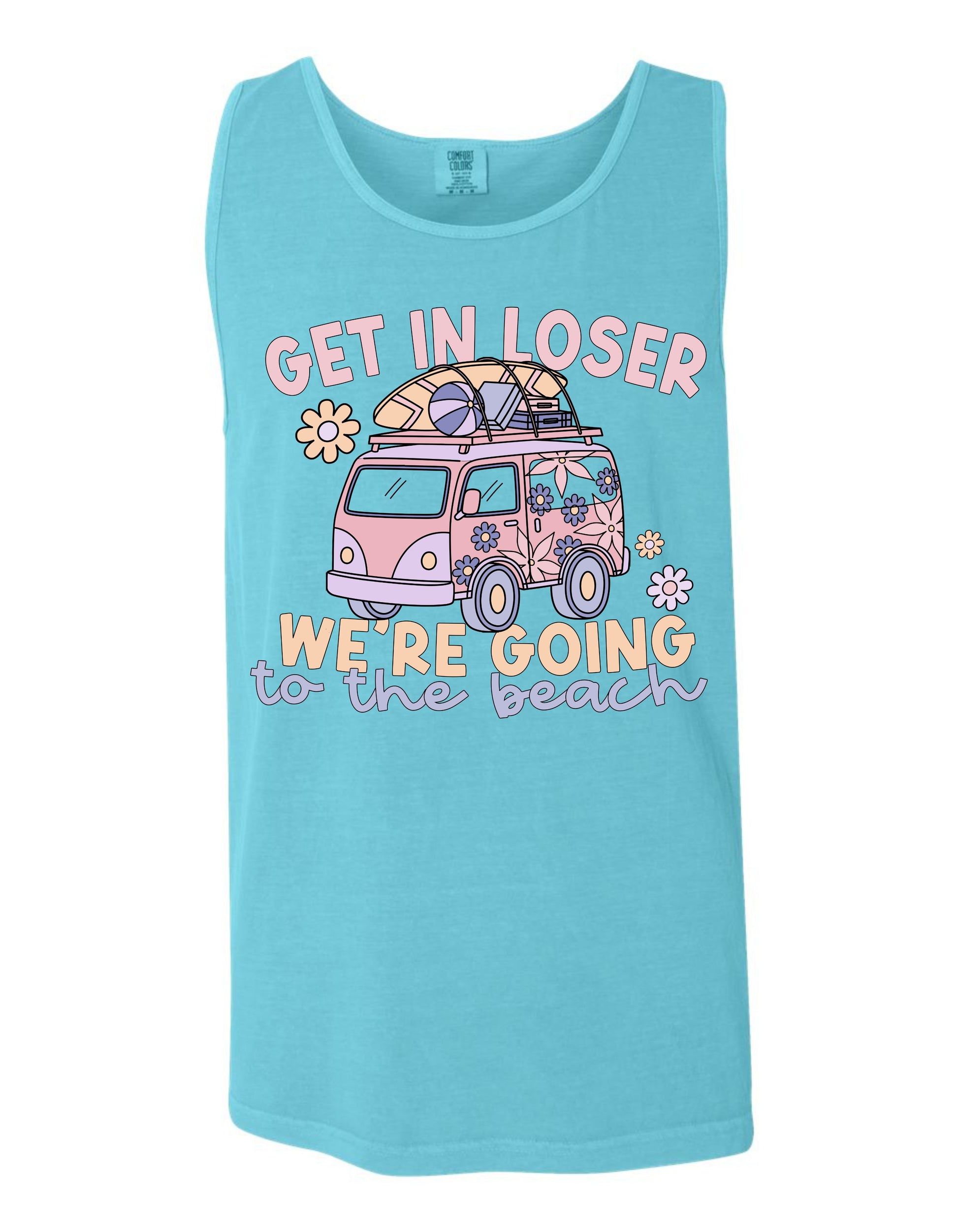 A light blue tank top with a graphic design featuring a pink van or truck with a surfboard on top, along with the text "GET IN LOSER WE'RE GOING TO THE BEACH" printed on it.