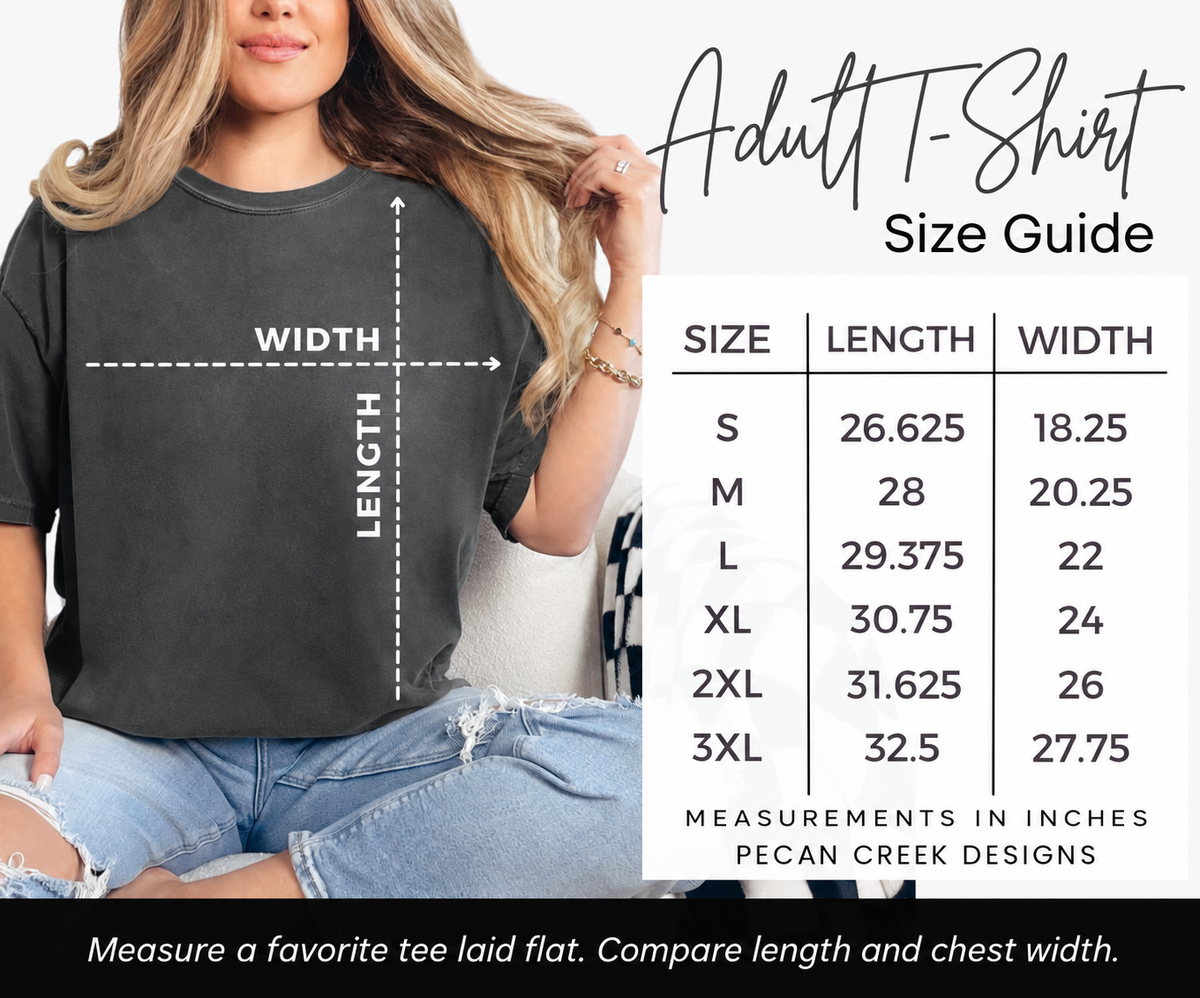 Adult T-shirt size guide in inches, Small through 3XL
