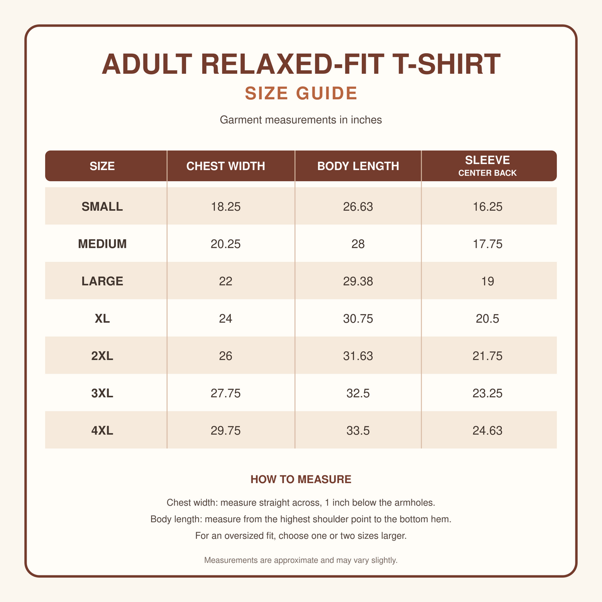 Adult relaxed-fit T-shirt size guide with garment measurements in inches