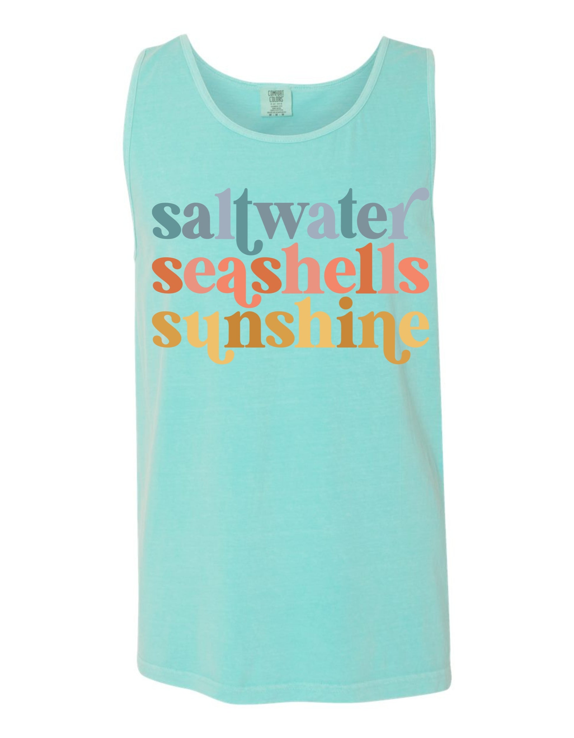 A turquoise tank top with the text "saltwater seashells sunshine" printed on it in a colorful, retro-style font.