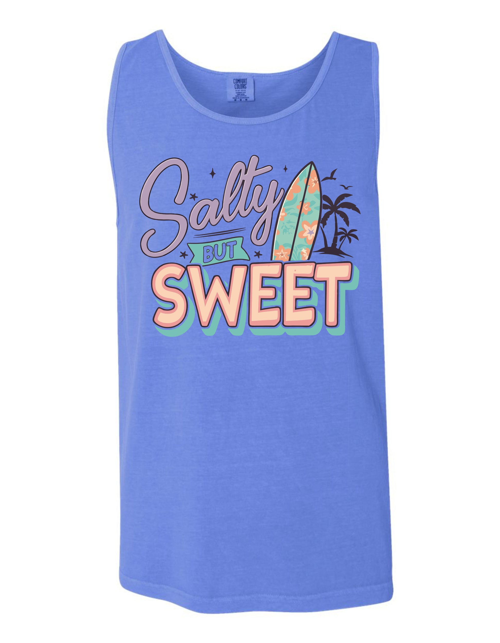 A blue tank top with a graphic design featuring a surfboard and the text "Salt but sweet".