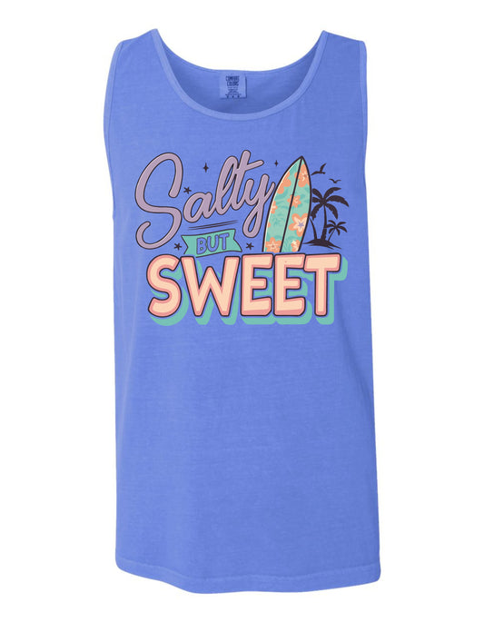 A blue tank top with a graphic design featuring a surfboard and the text "Salt but sweet".