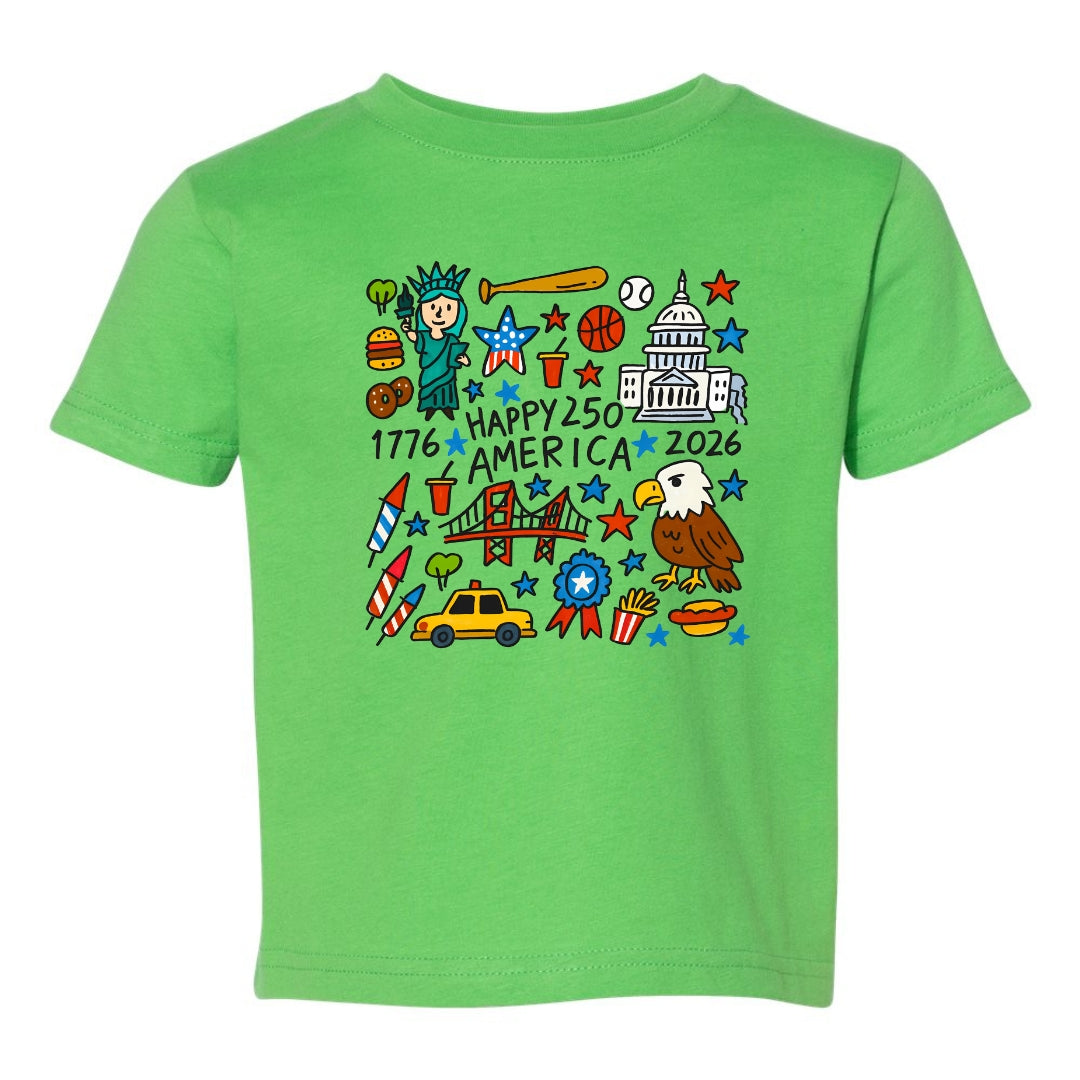 Happy 250 America Kids T-Shirt | Patriotic Doodle Toddler & Youth Tee