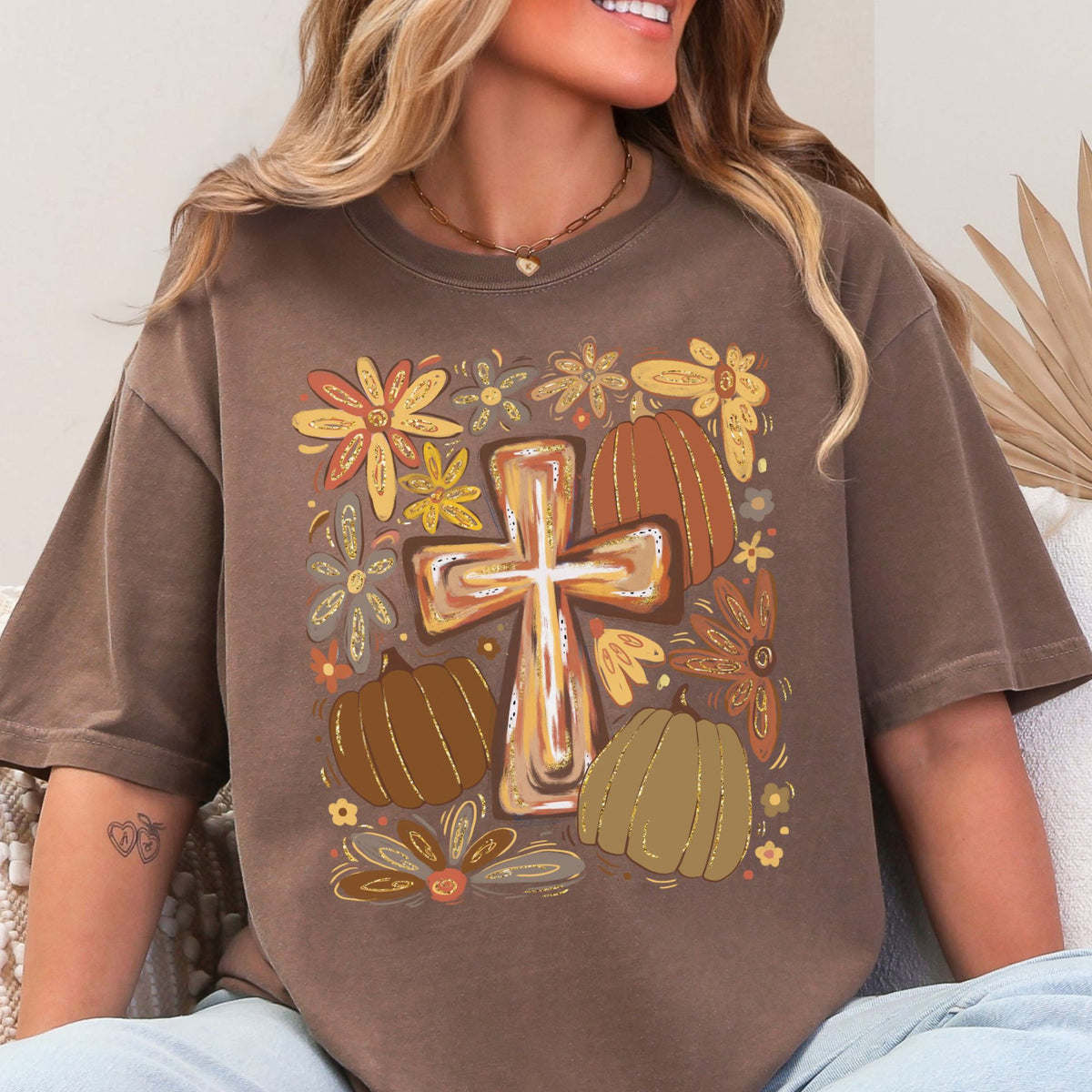 Autumn cross, pumpkins and flowers on a Espresso T-shirt