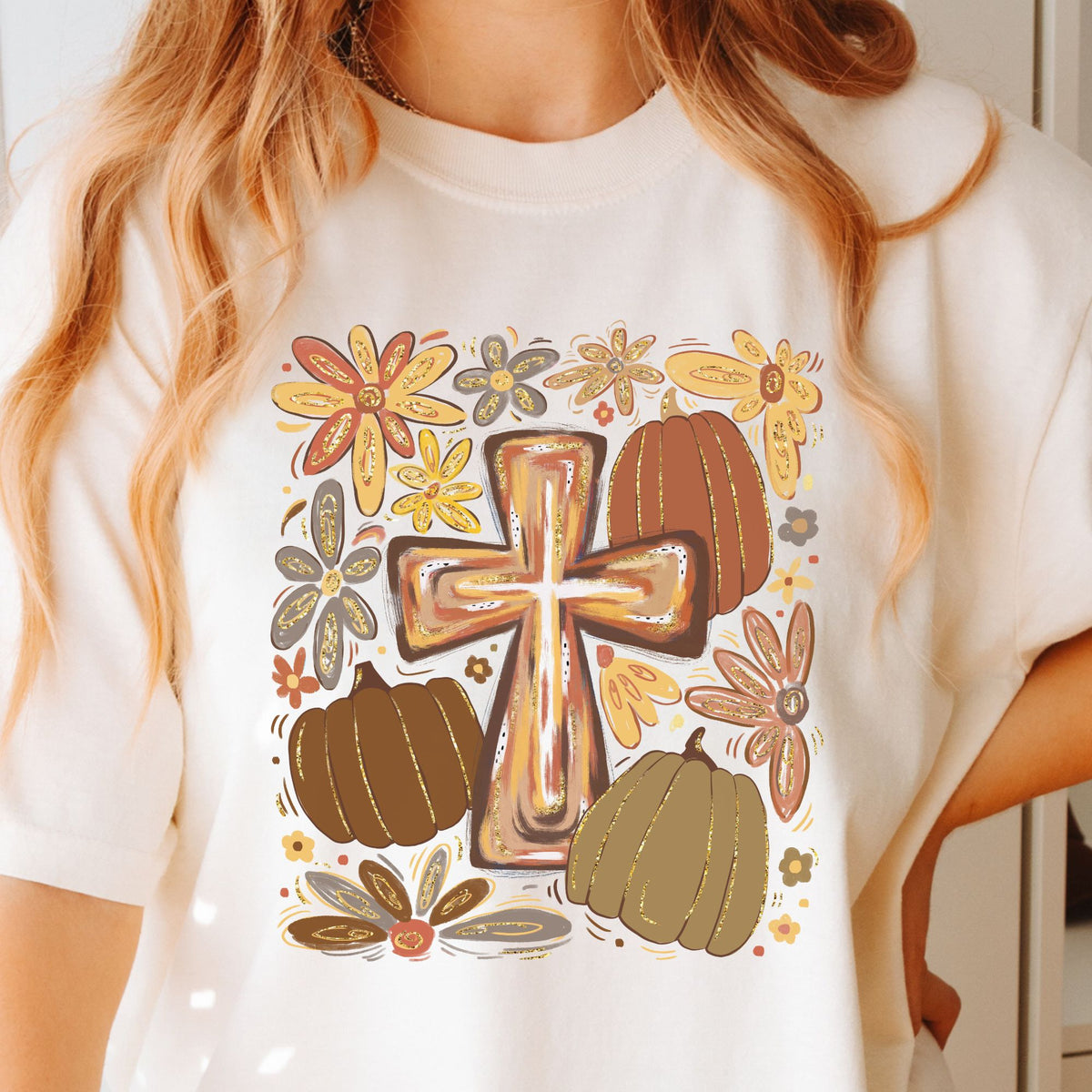 Autumn cross, pumpkins and flowers on a Ivory T-shirt