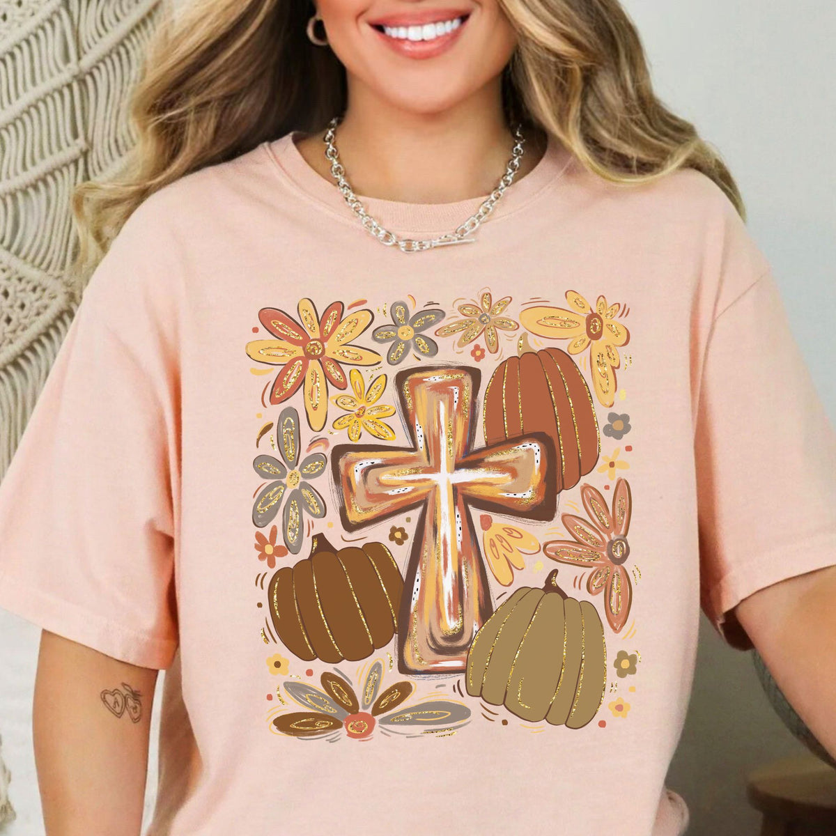 Autumn cross, pumpkins and flowers on a Peachy T-shirt