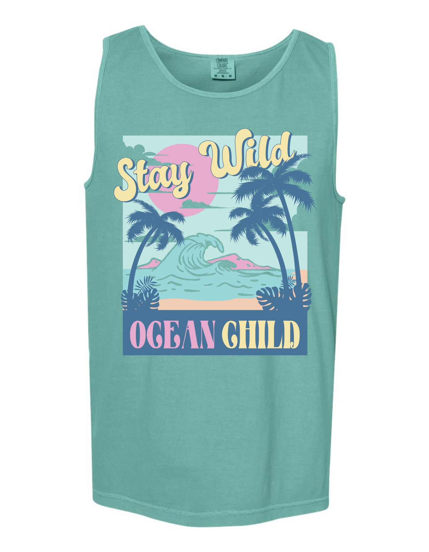 A green tank top with a graphic design featuring palm trees, a sunset, and the text "Stay Wild Ocean Child" printed on it.