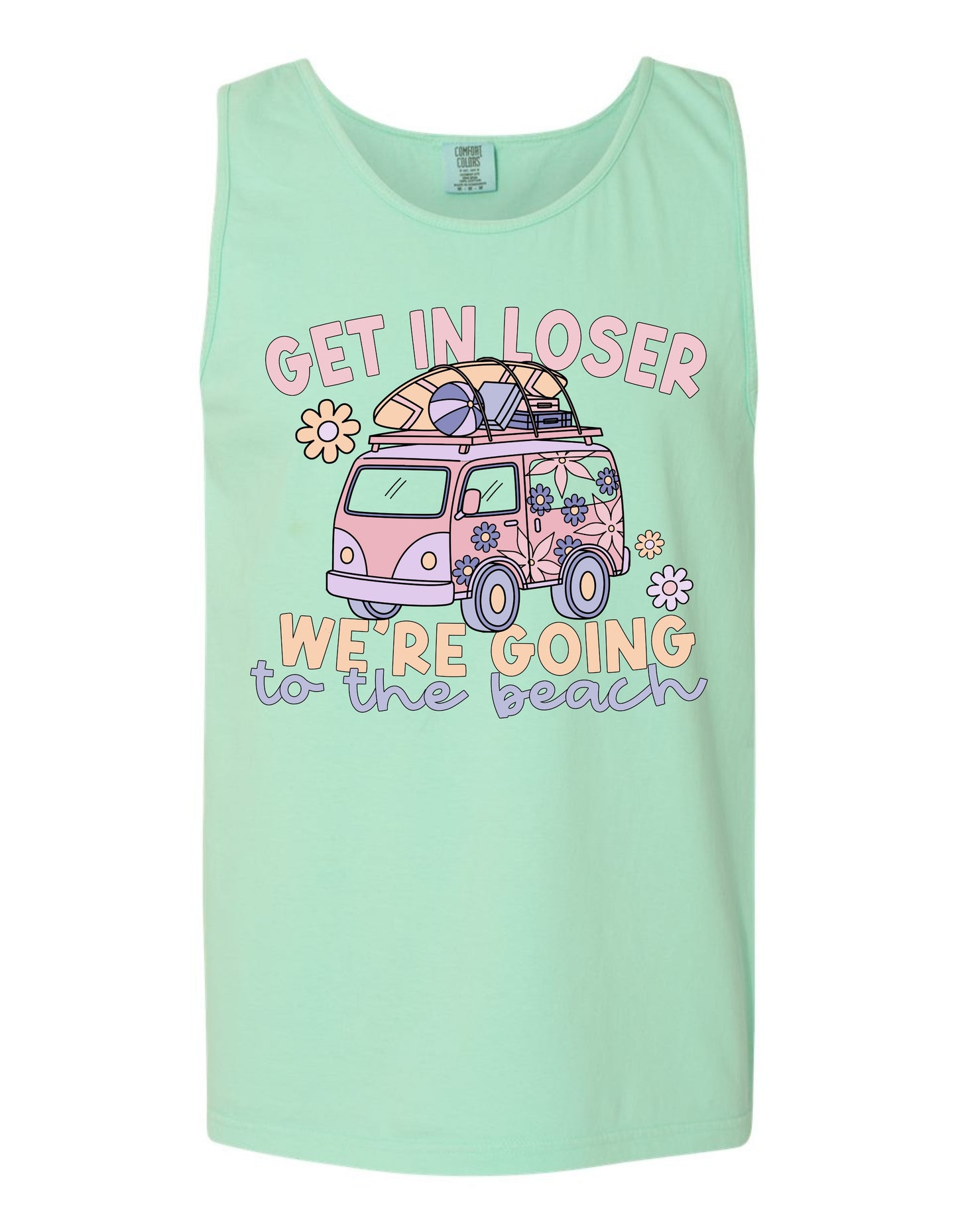 A light green tank top with a graphic design featuring a pink van or truck with a surfboard on top, along with the text "GET IN LOSER WE'RE GOING TO THE BEACH" printed on it.