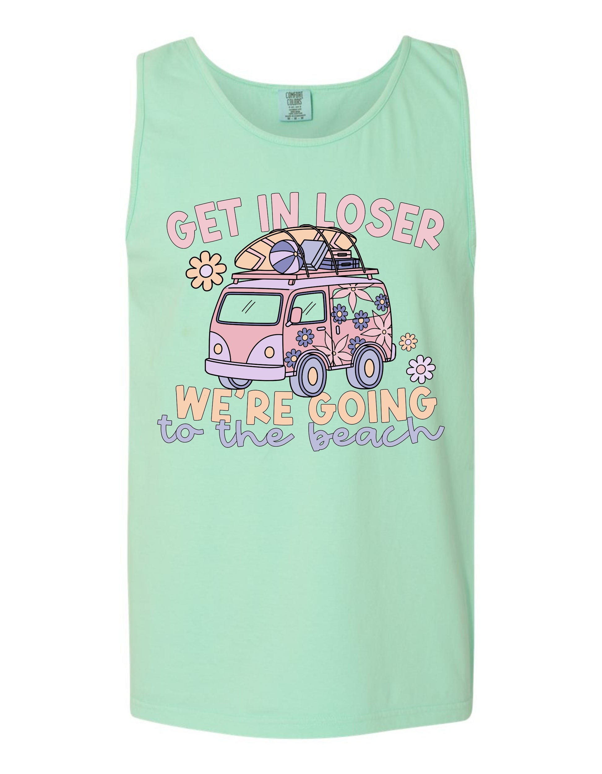 A light green tank top with a graphic design featuring a pink van or truck with a surfboard on top, along with the text "GET IN LOSER WE'RE GOING TO THE BEACH" printed on it.