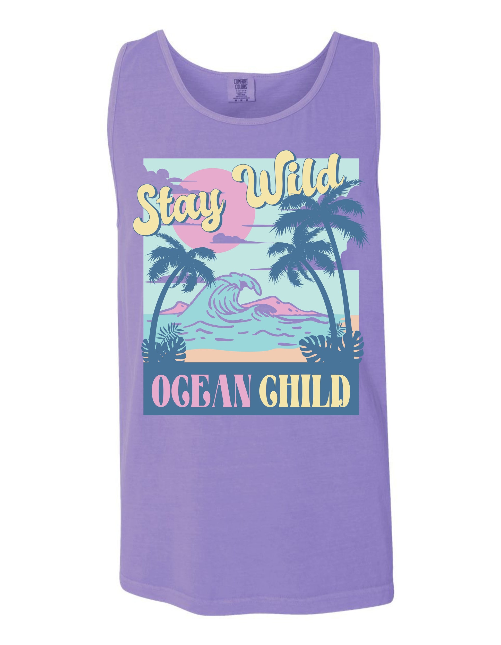 A purple tank top with a graphic design featuring palm trees, a sunset, and the text "Stay Wild Ocean Child" printed on it.