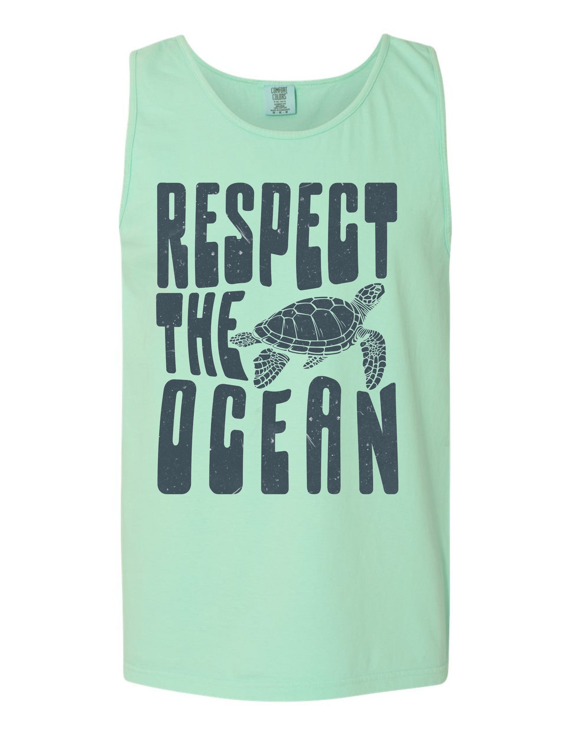 A mint green tank top with the text "RESPECT THE OCEAN" printed on it, along with a graphic of a sea turtle.