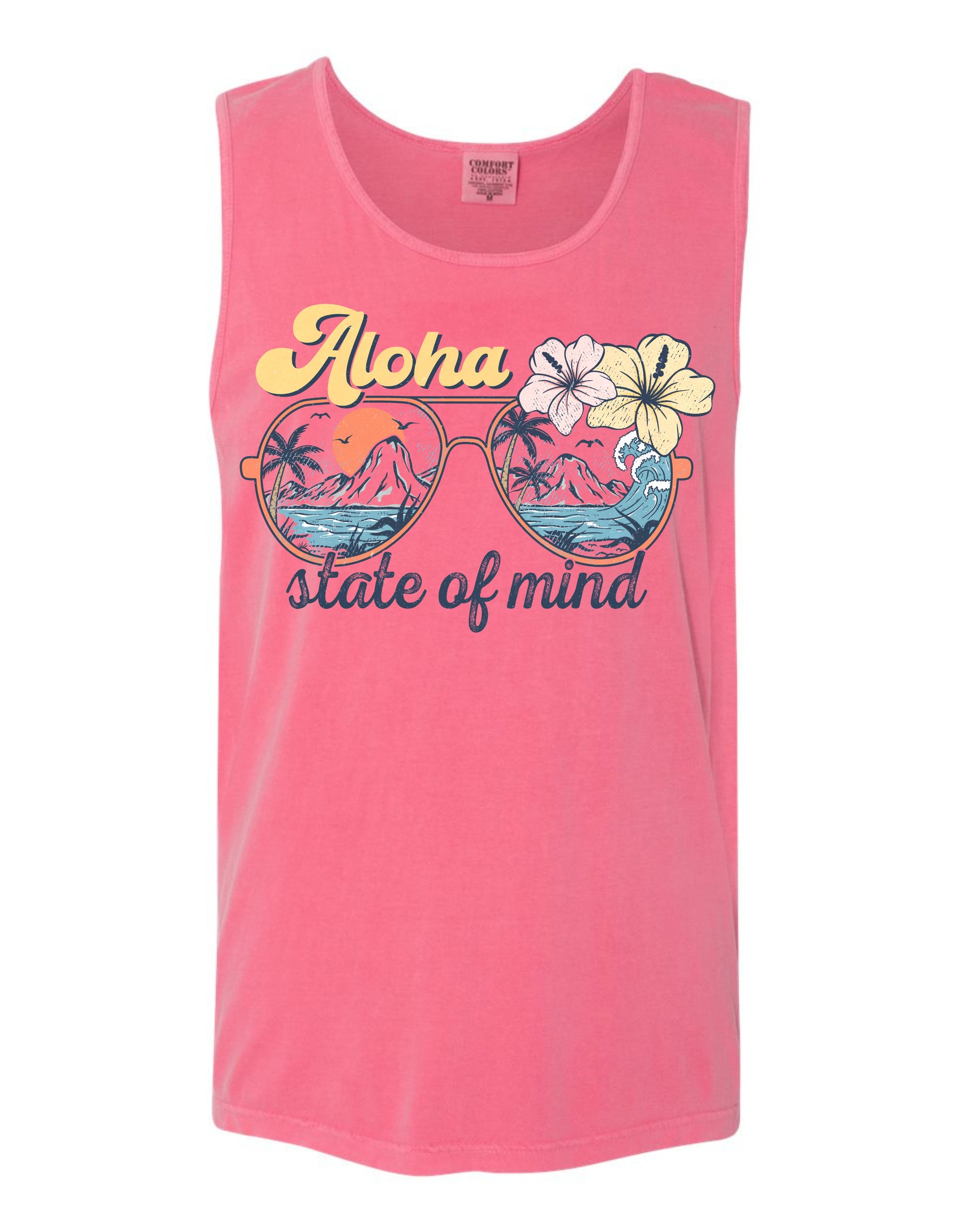 A pink tank top with a graphic design featuring sunglasses with tropical flowers and the text "Aloha state of mind".
