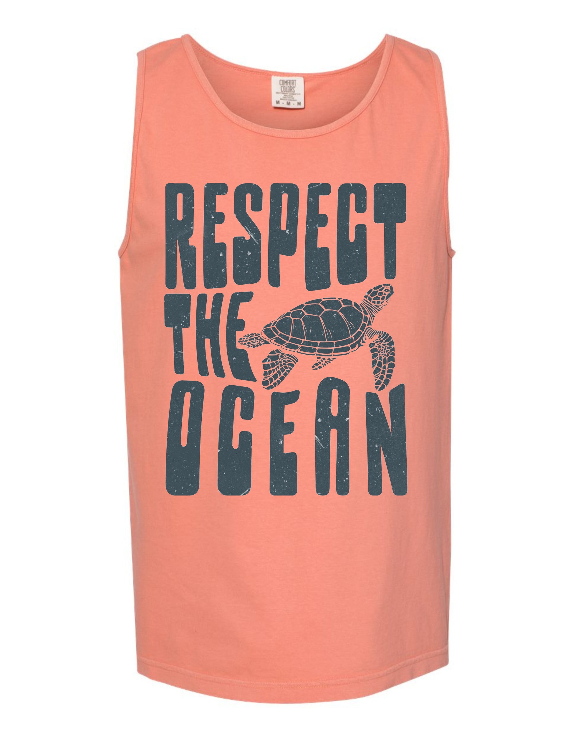 A tank top with the text "RESPECT THE OCEAN" printed on it, along with a graphic of a turtle.