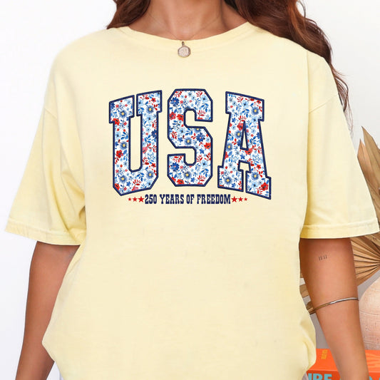 USA 250 Years of Freedom T-Shirt | Floral Comfort Colors Patriotic Tee
