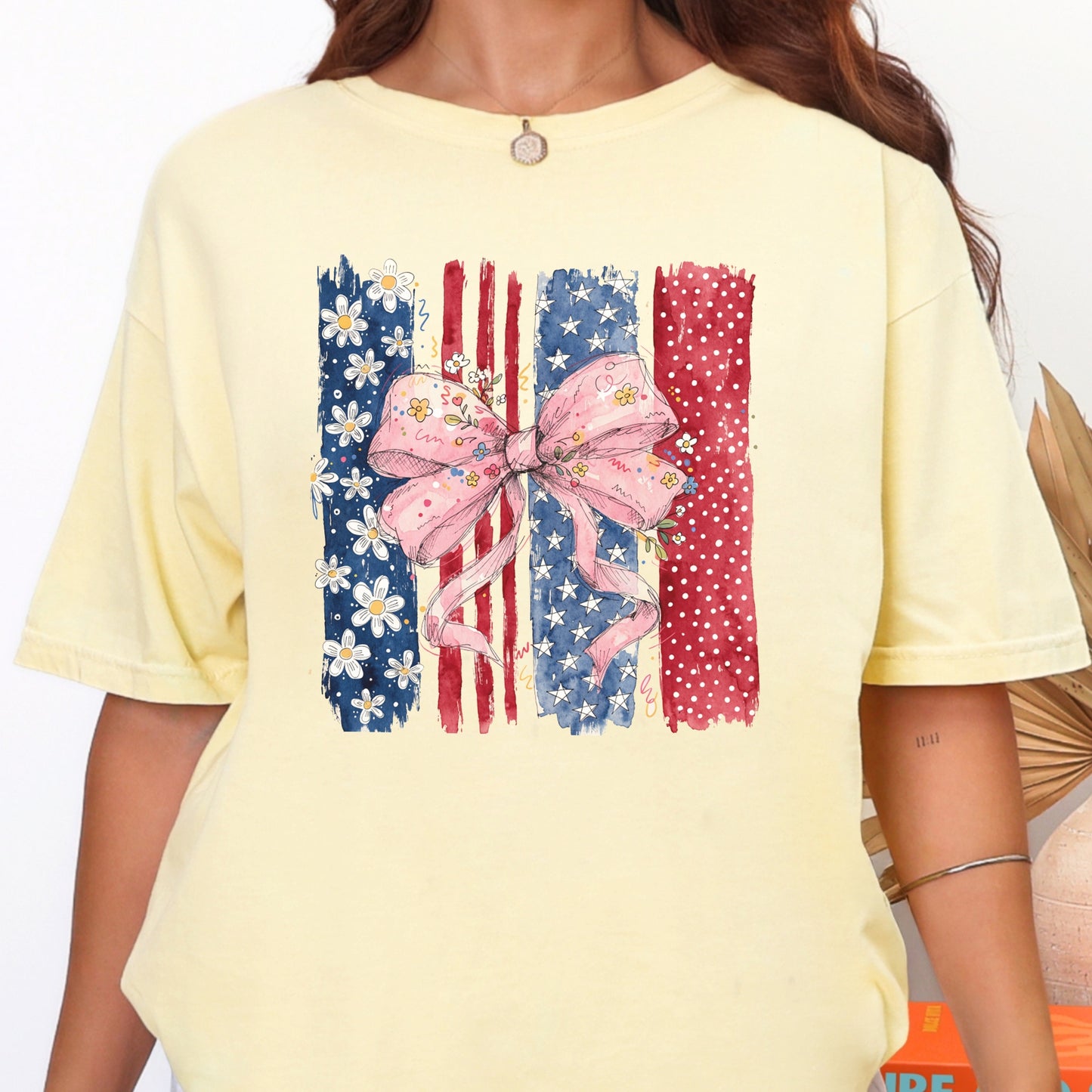 Floral Bow American Flag T-Shirt | Coquette Patriotic Comfort Colors Tee
