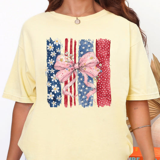 Floral Bow American Flag T-Shirt | Coquette Patriotic Comfort Colors Tee