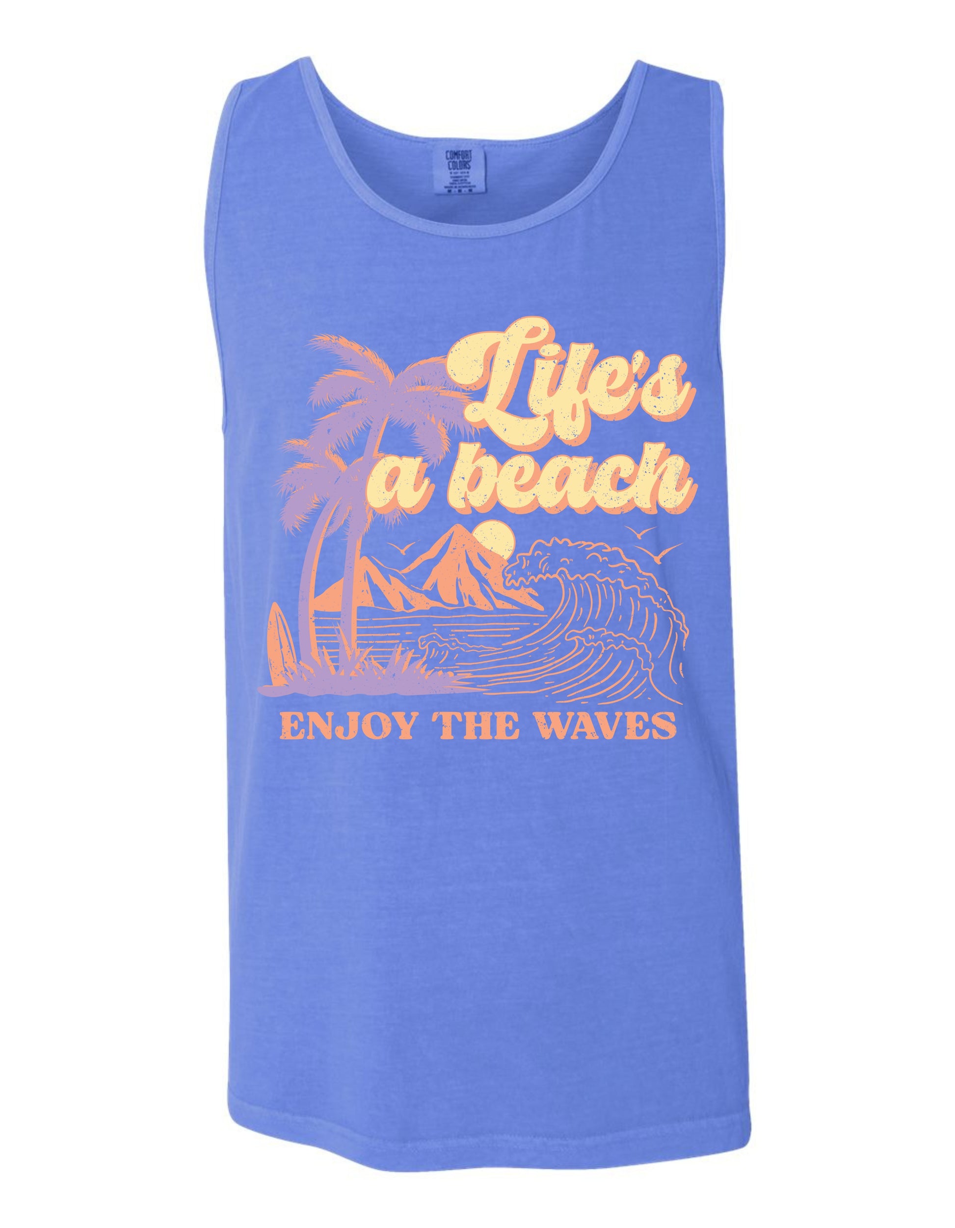 A blue tank top with a graphic design depicting a beach scene with palm trees, mountains, and waves. The text on the tank top reads "Life's a beach, Enjoy the waves".