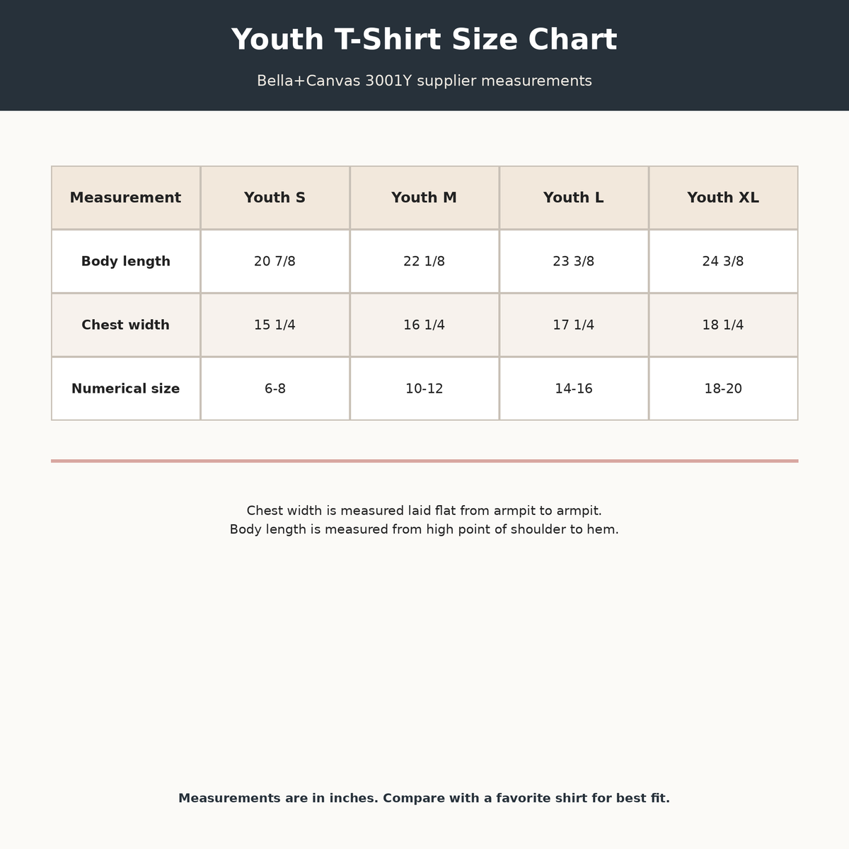 Youth T-shirt size chart in inches
