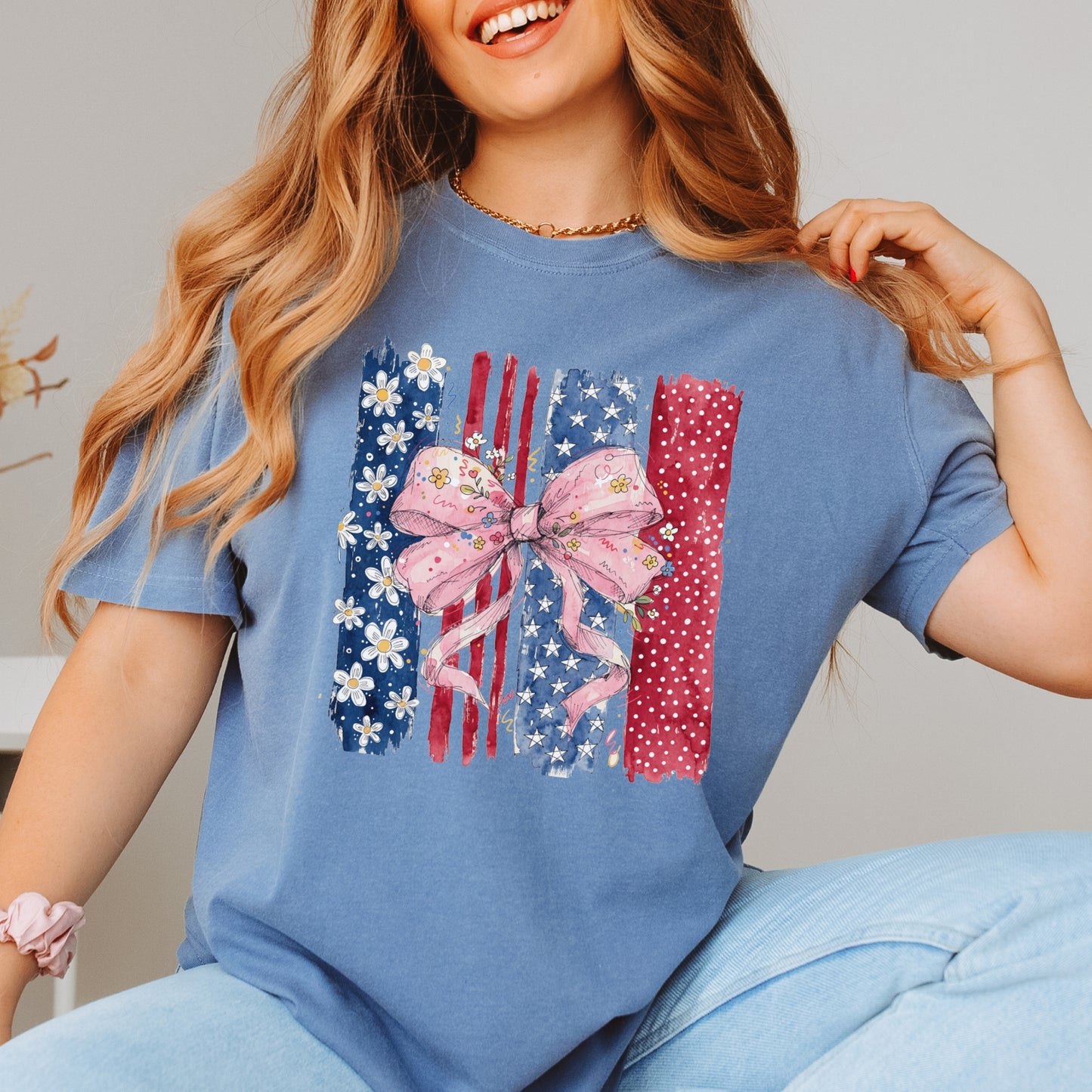 Floral Bow American Flag T-Shirt | Coquette Patriotic Comfort Colors Tee