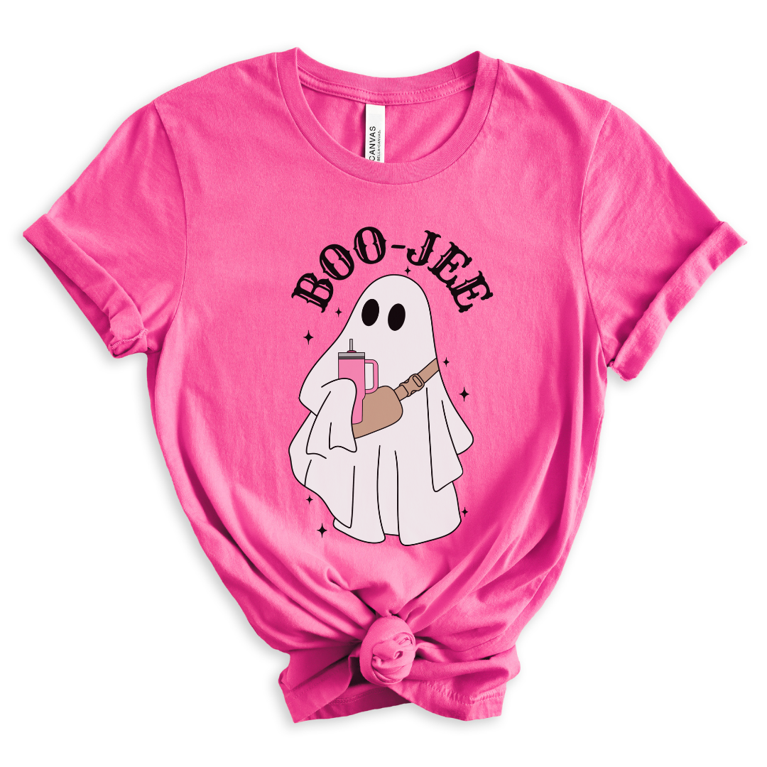 Boo-Jee ghost graphic on a Charity Pink T-shirt flat lay