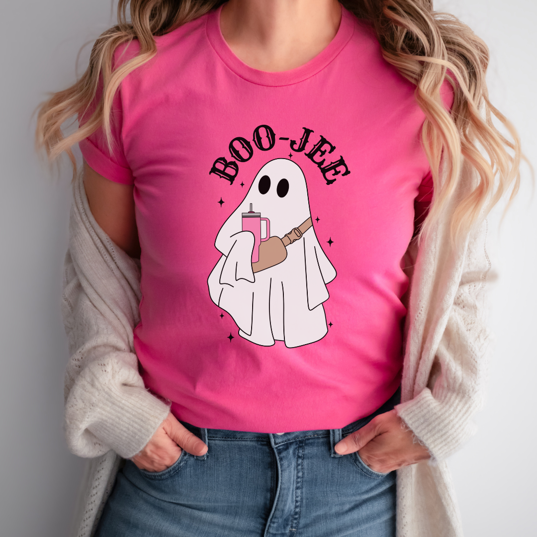 Boo-Jee ghost graphic on a Charity Pink T-shirt lifestyle image