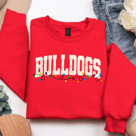 Red Gildan 18000 Bulldogs Christmas lights sweatshirt flat lay