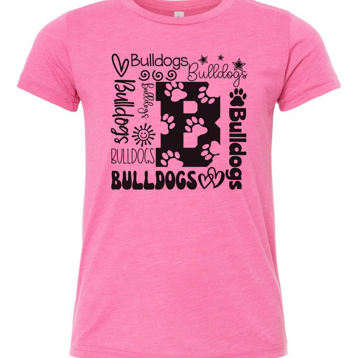 Bulldogs B collage design on Charity Pink Bella Canvas 3001Y youth T-shirt