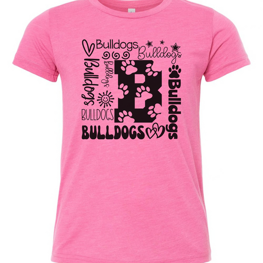 Bulldogs B collage design on Charity Pink Bella Canvas 3001Y youth T-shirt