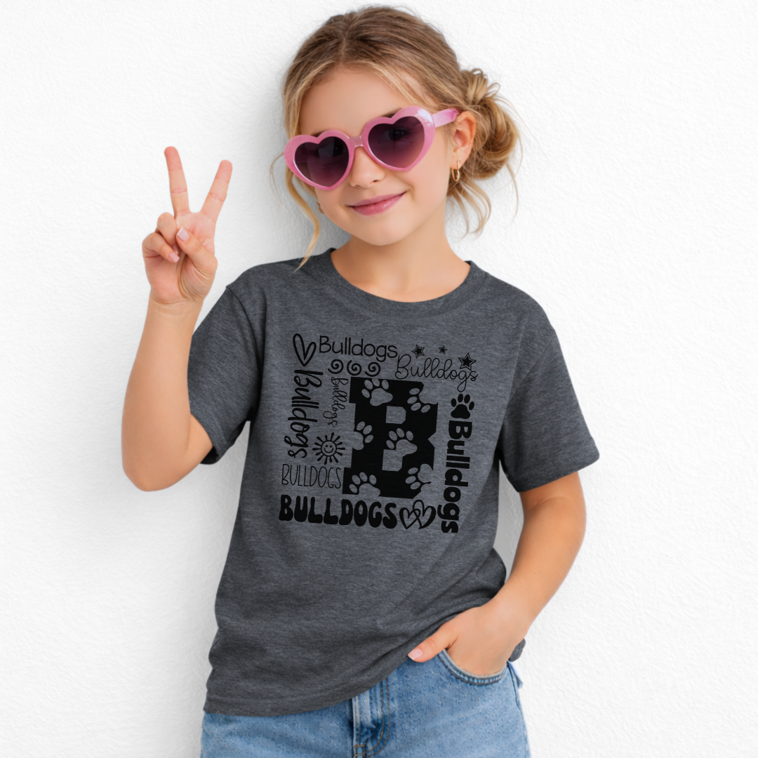 Bulldogs B collage design on Dark Heather Gildan 5000B youth T-shirt