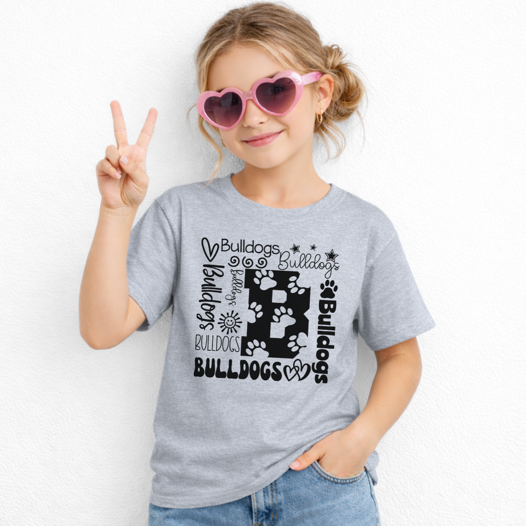 Bulldogs B collage design on Grey Gildan 5000B youth T-shirt