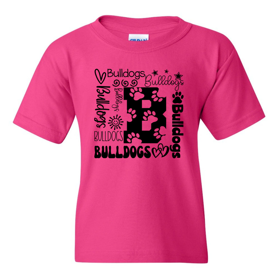 Bulldogs B collage design on Heliconia Gildan 5000B youth T-shirt
